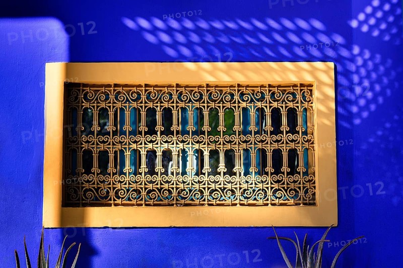 Ornate window grille in a blue wall
