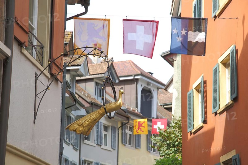 Signboard with golden peacock and flags