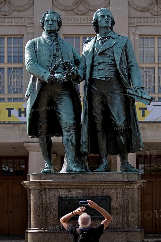 Double statue Goethe-Schiller monument by Ernst Rietschel in front of the German National Theatre
