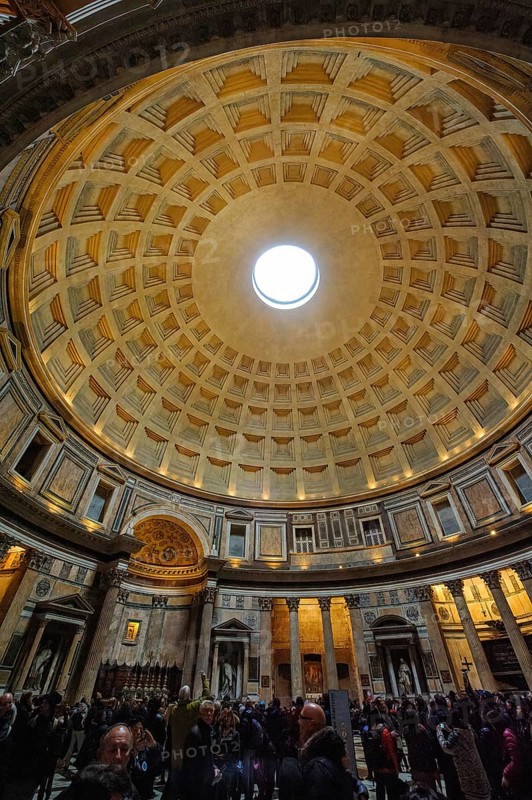 Free-standing coffered ceiling with oculus Ocukus in historic Roman temple Christian church Roman Pantheon
