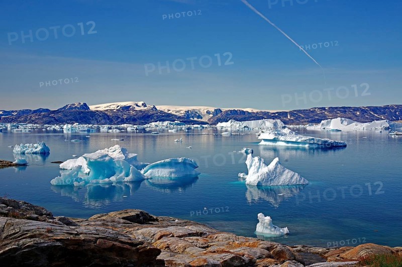 Icebergs reflected in a fjord