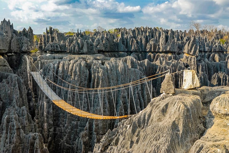 Hanging bridge over the Tsingys in the Unesco world heritage sight Tsingy de Bemaraha Strict Nature Reserve
