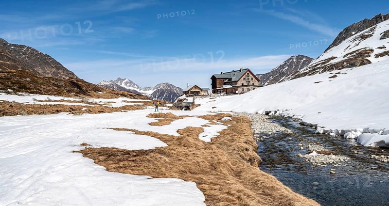 Oberbergbach and Franz-Senn-Huette mountain hut in winter