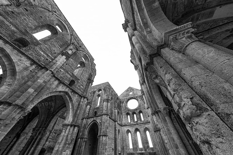 Archways of the ruined church of San Galgano Abbey