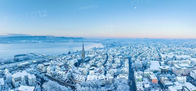 Aerial view of the town of Radolfzell on Lake Constance on a cold winter morning