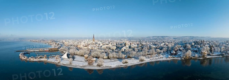 Aerial view of the town of Radolfzell on Lake Constance in winter