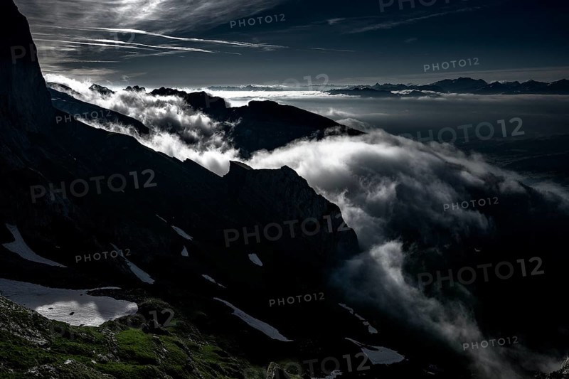 Cloudy atmosphere over the Rhine valley with Swiss mountains