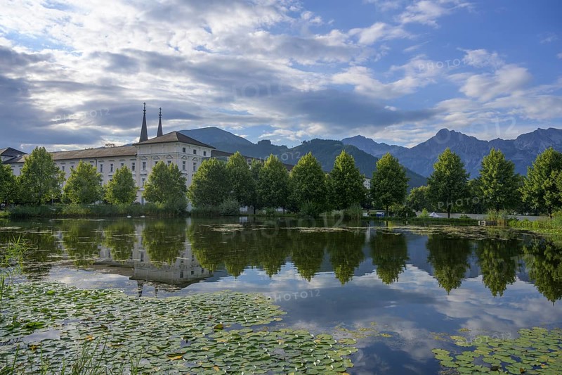 Pond with water lilies at Admont Abbey