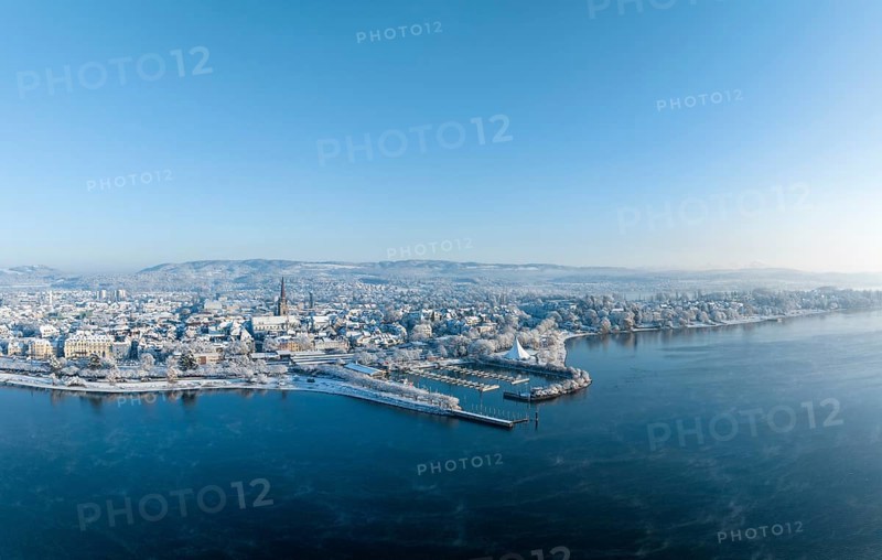 Aerial view of the town of Radolfzell on Lake Constance in winter