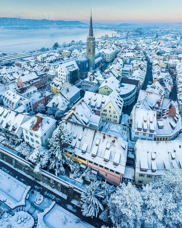 Aerial view of the town of Radolfzell on Lake Constance on a cold winter morning