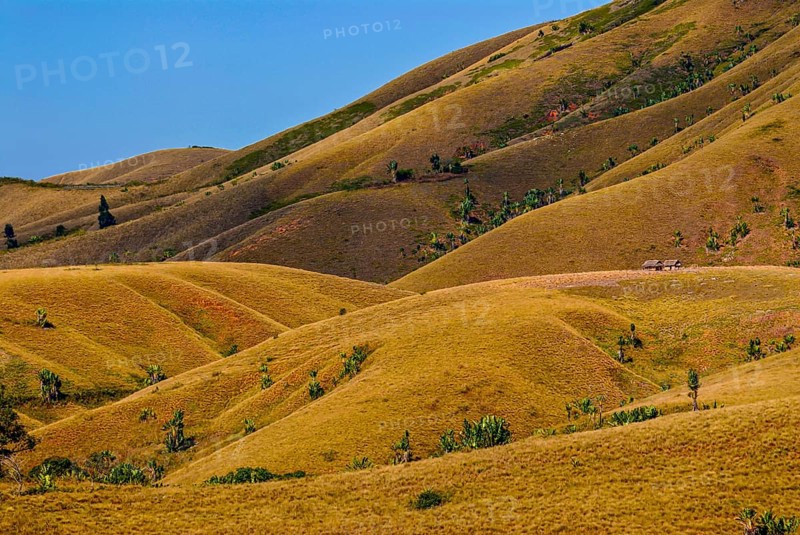 Eroding savanah hills on the east coast near Manakara on the east coast of Madagascar