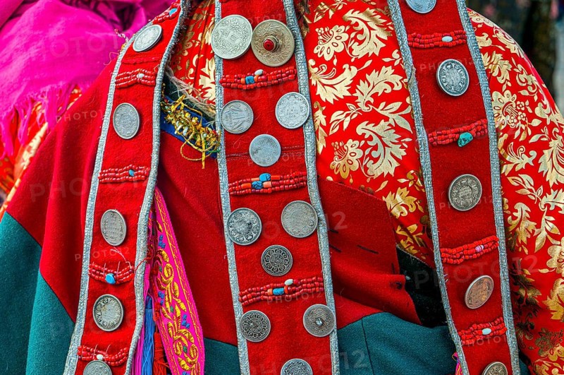 Close up of Traditional clothes on the festival of the tribes in Gerze Western Tibet