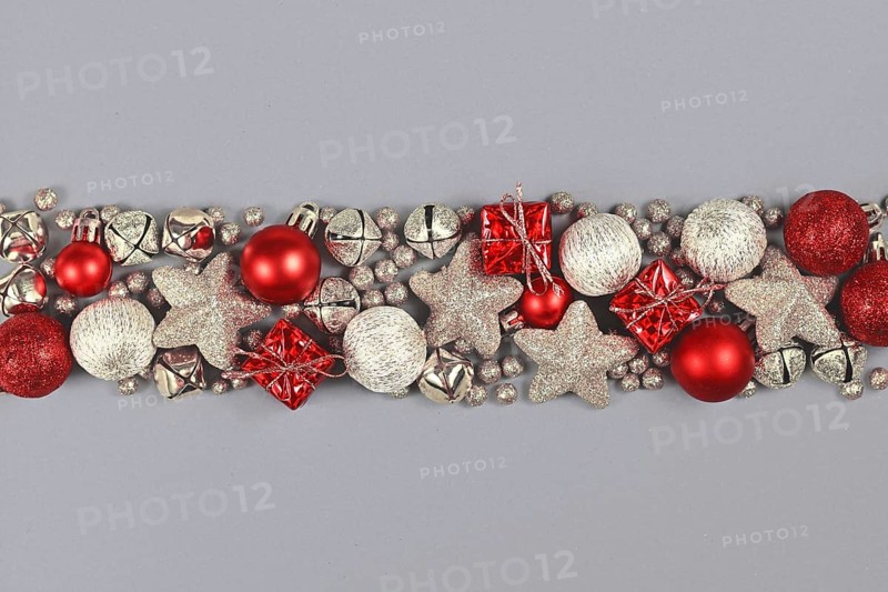 Silver and red Christmas ornaments like small gift boxes