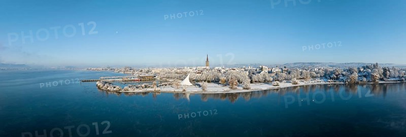 Aerial view of the town of Radolfzell on Lake Constance in winter