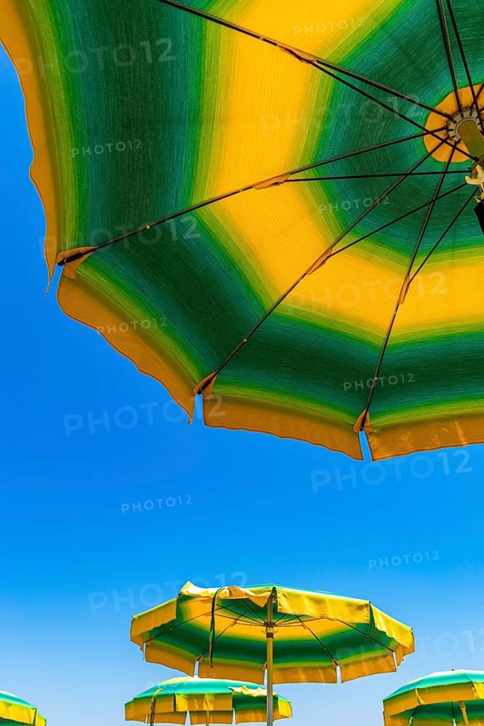Green-yellow parasols against a blue sky on the beach of Straccoligno
