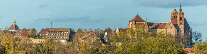 Saint-Etienne Romanesque collegiate church in Vieux-Brisach on the Munsterberg hill. panoramic view