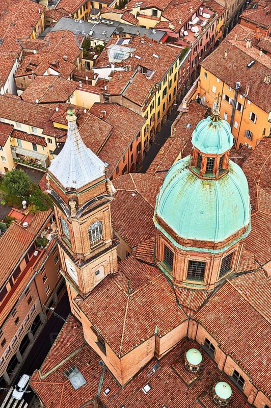 View from the Asinelli Tower of the towers of the churches of Santi Bartolomeo and Gaetano