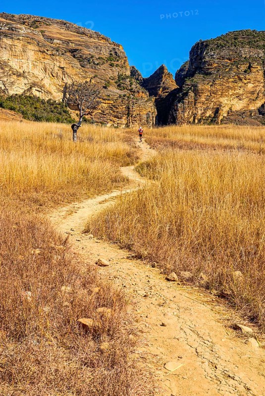 Trekker on a road going through the Isalo National Park