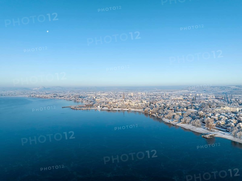 Aerial view of the town of Radolfzell on Lake Constance in winter