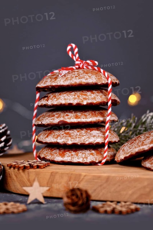 Stack of traditional German round glazed gingerbread Christmas cookie called 'Lebkuchen'