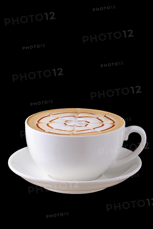 Big ceramic cup of cappuccino on saucer on black background