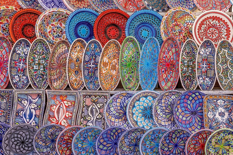 Coloured ceramic plates at the weekly market market in Portoferraio