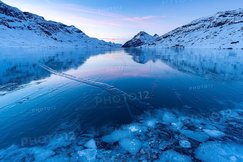 Ice structures in the black ice of the frozen Lago Bianco in the Swiss mountains in the evening light