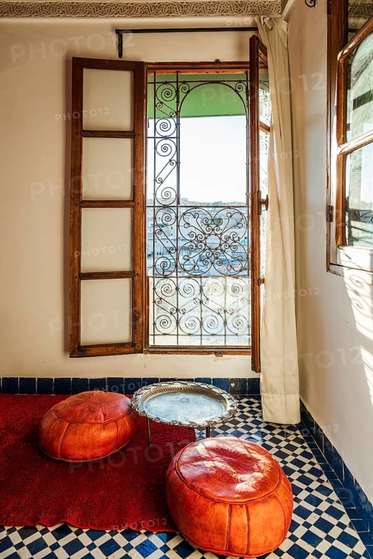 Traditional interior design of Moroccan rich house called riad with the view of downtown
