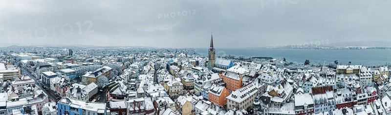 Aerial view of the town of Radolfzell on Lake Constance in winter