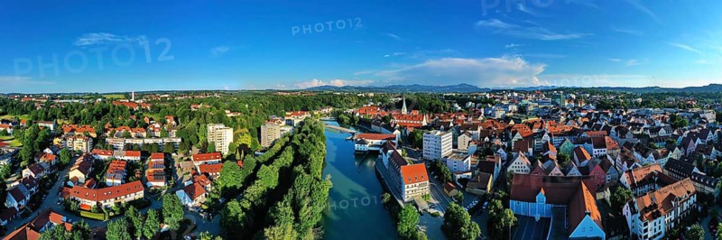 The Iller from above. Aerial view of the old town of Kempten with a view of the Alps. Kempten