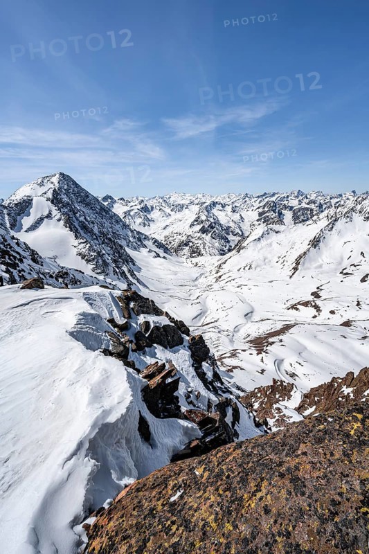 Mountain panorama of the Stubai Alps in winter