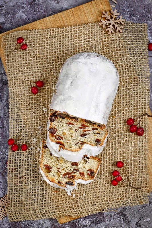 Top view of traditional German christmas season sweet food called Stollen or Christstollen