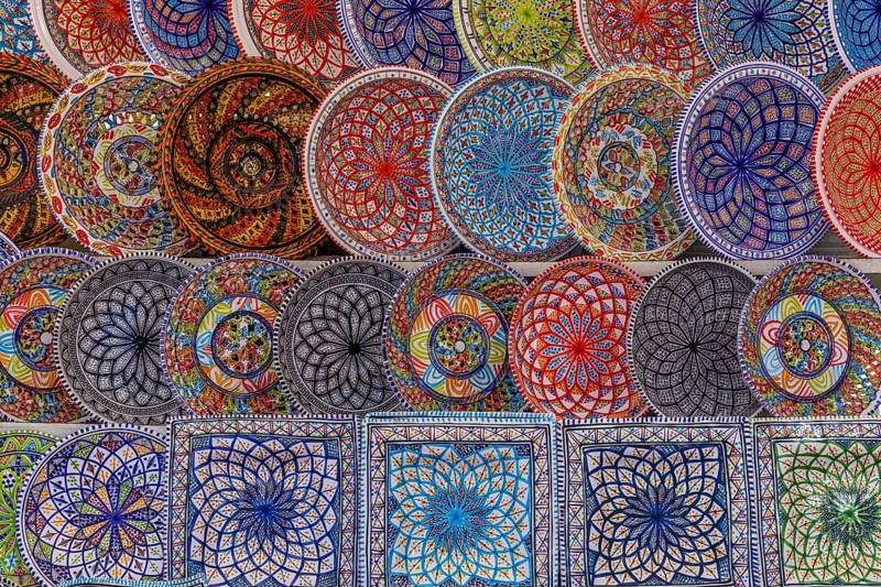 Coloured ceramic plates at the weekly market market in Portoferraio