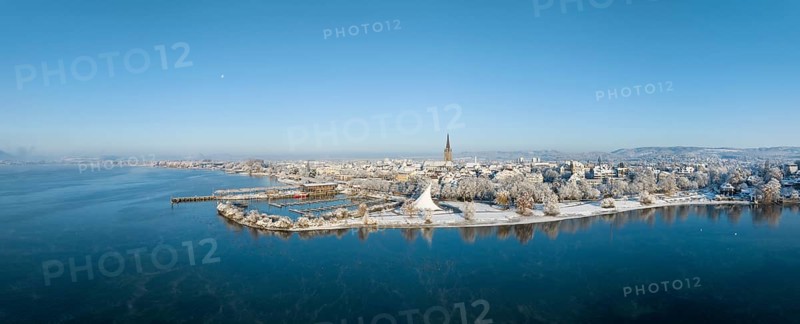 Aerial view of the town of Radolfzell on Lake Constance in winter