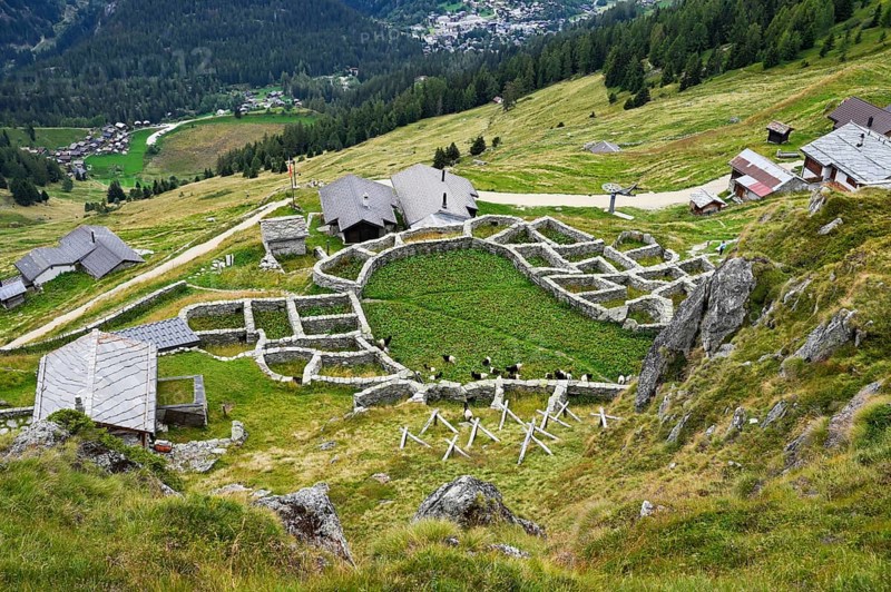 Enclosure made of dry stone walls for traditional alpine pasture management that was originally used for cattle grazing