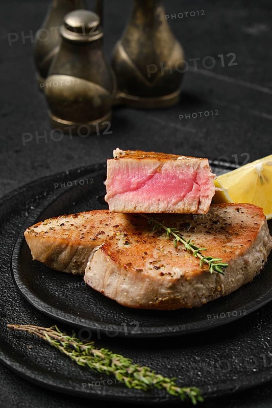 Closeup view of fried tuna steak