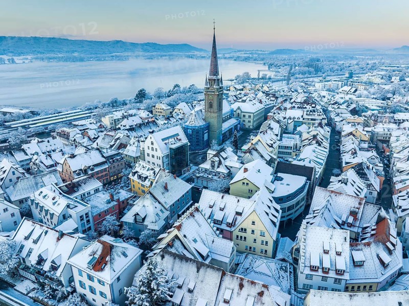 Aerial view of the town of Radolfzell on Lake Constance on a cold winter morning