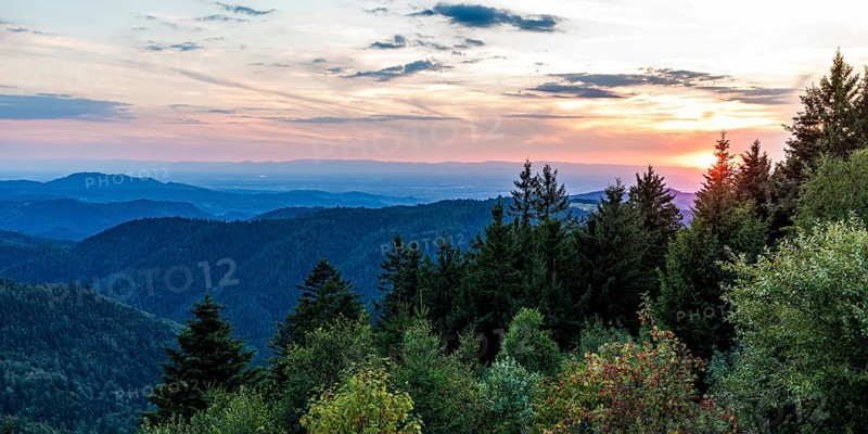 View from Schliffkopf over forest and mountains at sunset