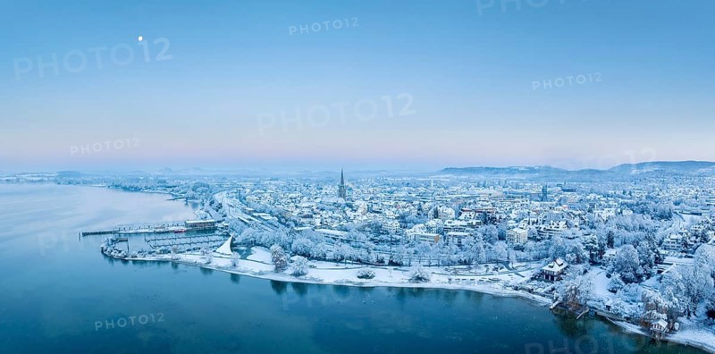 Aerial view of the town of Radolfzell on Lake Constance on a cold winter morning
