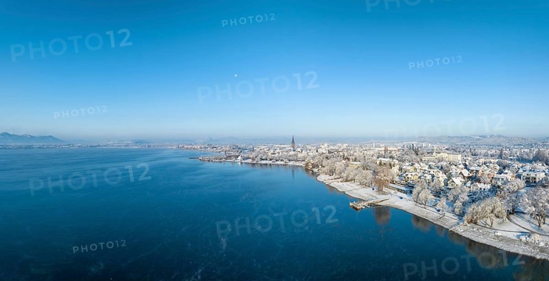 Aerial view of the town of Radolfzell on Lake Constance in winter