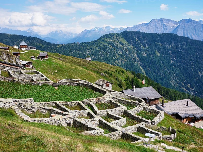 Enclosure made of dry stone walls for traditional alpine pasture management that was originally used for cattle grazing