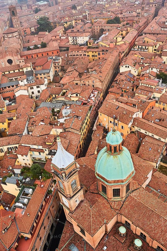 View from the Asinelli Tower of the towers of the churches of Santi Bartolomeo and Gaetano