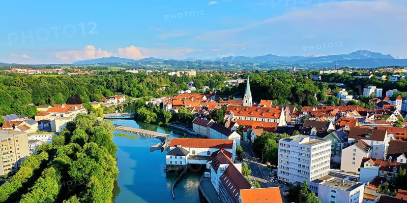 The Iller from above. Aerial view of the old town of Kempten with a view of the Alps. Kempten