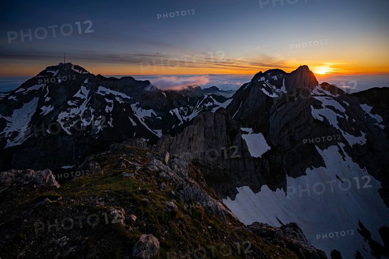 Blue hour with dawn over Saentis and Altmann summit