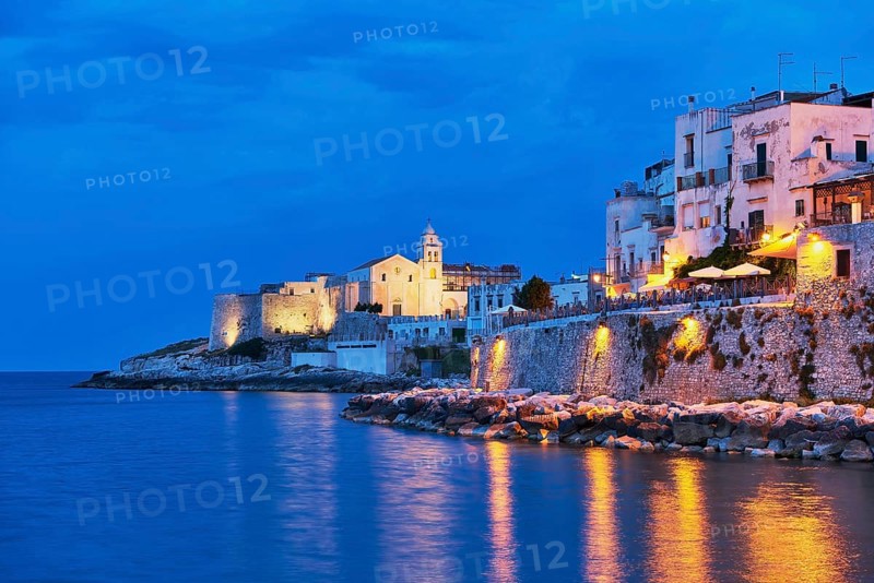 Punta San Francesco with illuminated church of San Francesco and old town at blue hour