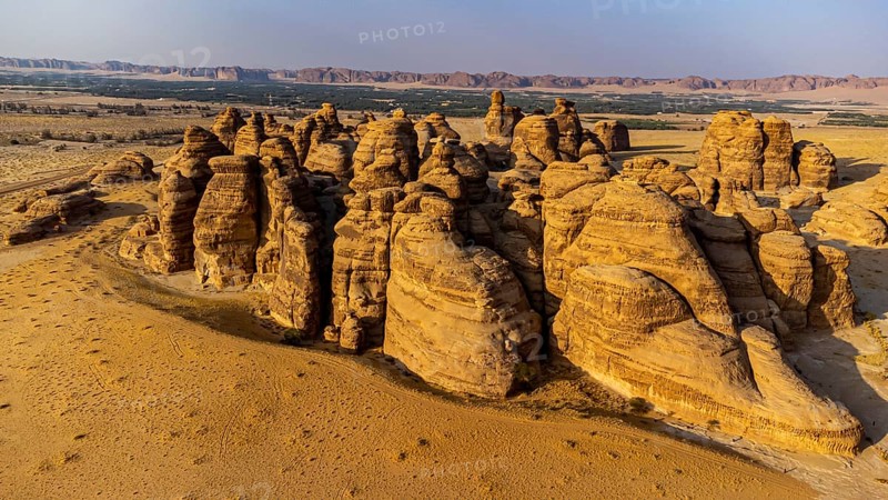 Aerial of beautiful rock formations in the Unesco site Maidain Saleh or Hegra