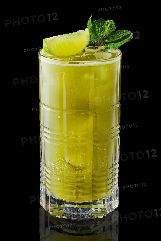 Matcha tea and lime lemonade with mint isolated on black background