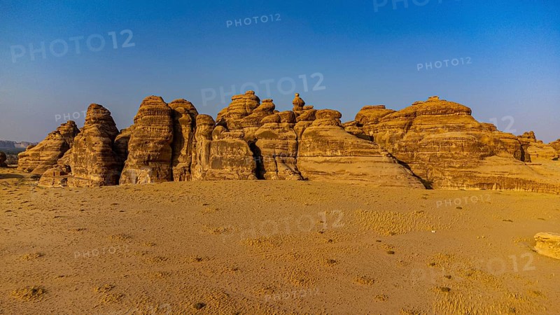 Aerial of beautiful rock formations in the Unesco site Maidain Saleh or Hegra