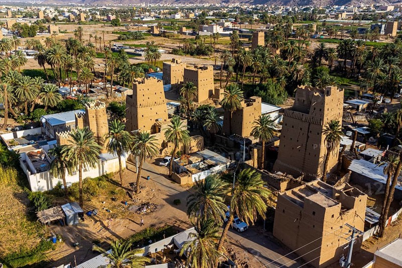 Aerial of traditional build mud towers used a living homes