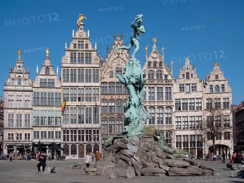 The Brabo Fountain and facades of the Guild Houses on the Grote Markt